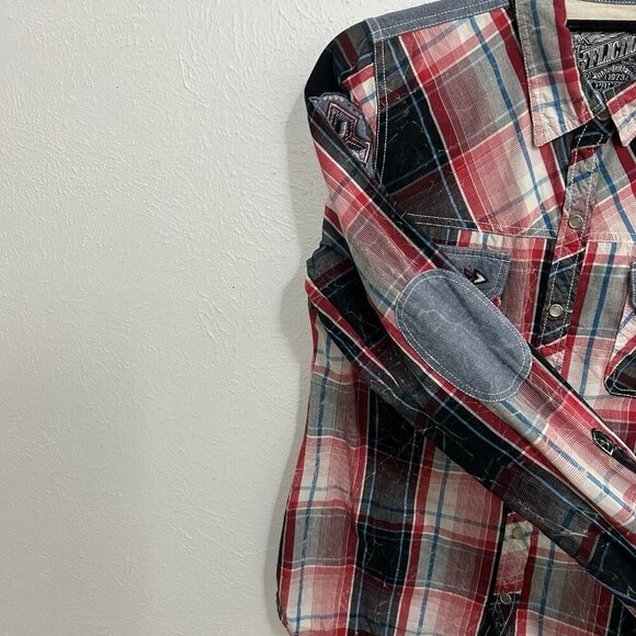 Affliction Pearl Snap Embroidered Red Plaid Western Shirt Elbow Patch Women’s L - Picture 4 of 11
